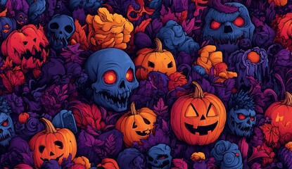 a group of pumpkins and skulls

