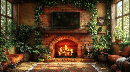 An inviting rustic living room showcasing a flat-screen TV above a charming brick fireplace, complemented by wooden furniture and plush seating for relaxation.