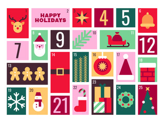 Bright Christmas Advent Calendar with Festive Icons and Fun Patterns
