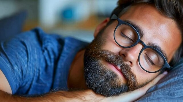 A young man with a beard and glasses lies on a couch, eyes closed, enjoying a peaceful nap in a comfortable living room filled with soft light