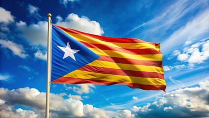 Catalan flag waving in the wind, Catalonia, independence, cross, red stripes, yellow background, identity, nationalism
