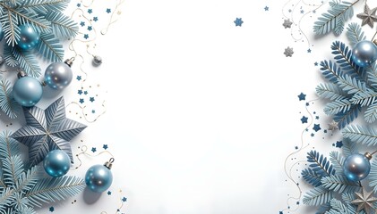 Fototapeta premium Christmas background of spruce, fir tree, pine, garland, and toys on a white background. New Year background. Christmas banner