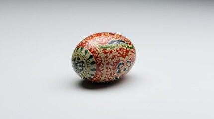 Obraz premium A single hand-painted decorative egg featuring intricate designs, resting on a smooth white surface.