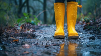 Obraz premium Yellow Rain Boots in a Muddy Forest