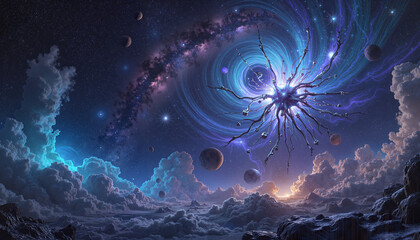 Obraz premium Mysterious cosmic vortex surrounded by planets and swirling clouds - desktop wallpaper
