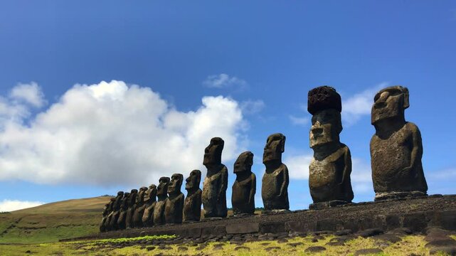 A beautiful sunny landscape from Ahu Tongariki Moai in a summer day in Easter Island, Rapa Nui, Polynesia, Chile, Latin America. Video with copy space.