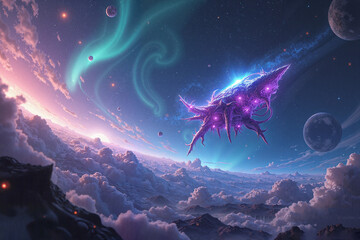 Naklejka premium Mystical cosmic creature floating through colorful auroras and stars - desktop wallpaper