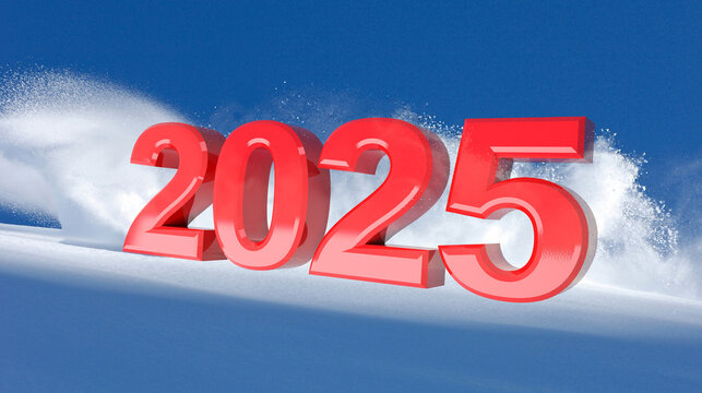 New Year red 2025 on a winter snow background