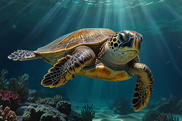 Fototapeta premium Serene Underwater Beauty A Graceful Sea Turtle in Tropical Waters