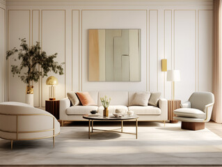 Living room interior in modern minimalist style with wooden panneling. Neutral and light colors interior with wood wall panels, bronze metallic accent decor and large artwork. Wood panneling walls. 