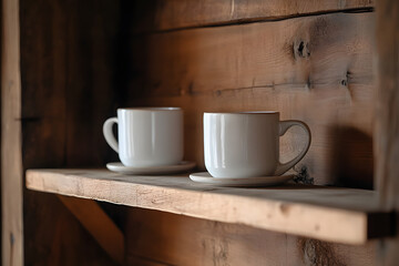 Obraz premium Cozy Minimalist Indoor Decor Featuring White Ceramic Cups on Wooden Shelf