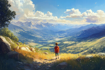 Fototapeta premium A boy with a backpack walking on a trail in the mountains