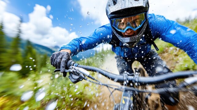 Exciting capture of a mountain biker speeding along a trail, creating a splash on a sunny day, embodying the spirit of adventure and outdoor exploration.