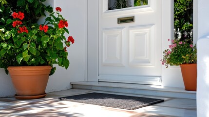 An inviting white door adorned with vibrant flowers and a simple welcome mat, enhancing the entrance and creating a charming and hospitable statement.
