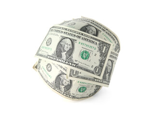 Ball made of dollars isolated on white