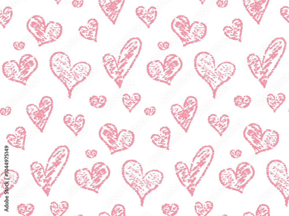 Wall mural Chalk doodle hearts seamless pattern. Crayon hand drawn pencil heart background. Charcoal red symbol of love. Vector design pattern for Valentine Day isolated on white background