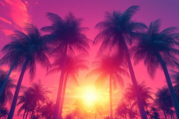 Palm trees in a row with the sun setting behind them
