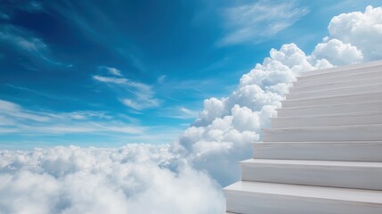 A majestic stairway disappears into the clouds, symbolizing hope, dreams, and the endless possibilities of reaching upward, set against a serene blue sky backdrop.