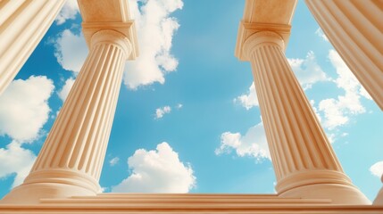 Grand classical pillars reach toward the sky, presenting timeless elegance and strength against the backdrop of a crisp, tranquil array of open sky and clouds.