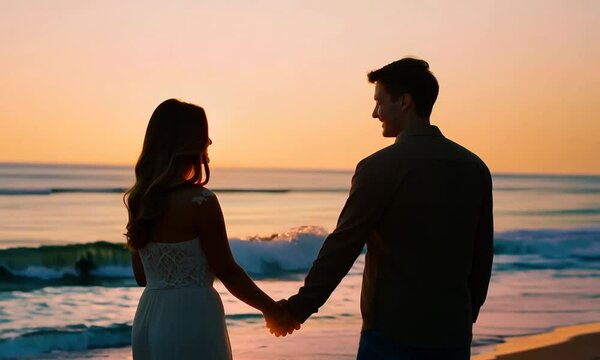  Romantic couple holding hands on a beach at sunset, showcasing love and togetherness by the ocean