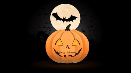 Spooky Halloween pumpkin with a carved face, glowing warmly under a full moon with a bat silhouette. Perfect for seasonal celebrations.