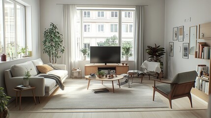 Scandinavian Living Room Interior, Cozy Furniture, Minimalist Design, Large Window, Indoor Plants.