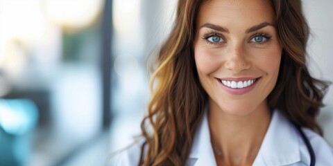 Obraz premium Smiling female doctor with blue eyes and wavy hair, exuding confidence and positivity in a bright, indoor setting. Copy Space