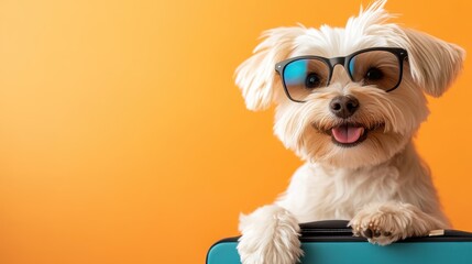 A joyful dog sporting sunglasses and standing behind a suitcase brings an essence of excitement and whimsy to a bright orange backdrop, full of life and charisma.
