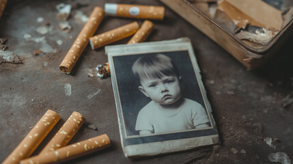 Crumpled cigarette pack lying next to a photo of a young child, hinting at consequences and regrets