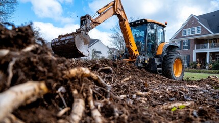 A backhoe loader is actively moving tree roots and soil near a house, demonstrating the process of clearing land for landscaping or construction purposes.