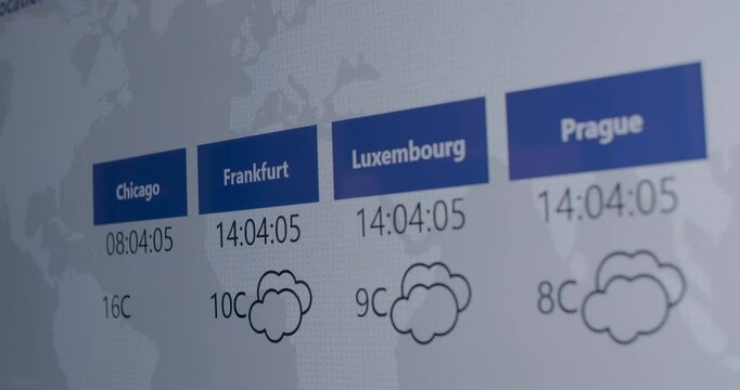 Digital display showing current weather and time for various cities worldwide, rack focus