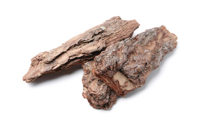 Pieces of tree bark on white background