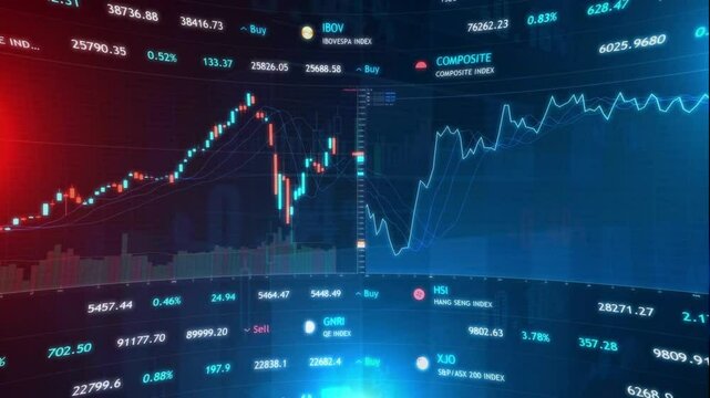 A high-tech animated financial dashboard displaying stock market data, fluctuating graphs, and various stock indices. It showcases buy and sell signals, trading activity, and real-time market analysis - Powered by Adobe