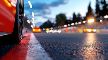 A racing car is captured in focus on a circuit lit by dazzling artificial lights, highlighting the excitement and thrill of high-speed competition at night.