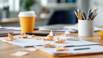 A work desk showcasing a creative process with crumpled papers, a coffee cup, and writing tools, emphasizing the artistic journey of trial and error.