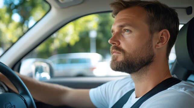 In this image, a calm man in a white shirt is seen driving with focus, exemplifying concentration and responsibility while being immersed in a peaceful driving session.