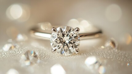Fototapeta premium A macro image of a sparkling diamond ring, with light dancing off its facets, symbolizing luxury, refinement, and wealth