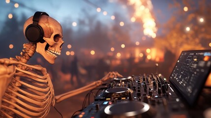 A skeleton DJ with headphones spins records on his turntables at an outdoor party, creating an...