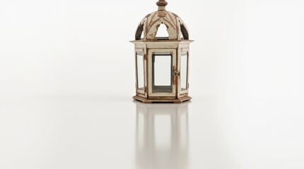 A weathered metal lantern with glass panels set against a white background.