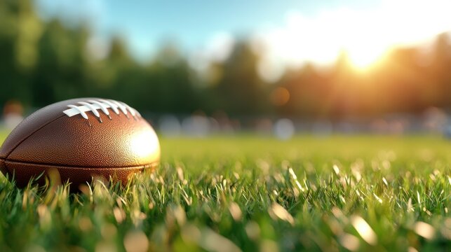 A lone football rests on a lush green lawn, bathed in sunlight, evoking thoughts of sportsmanship, anticipation, and the thrill of the game on a bright day.