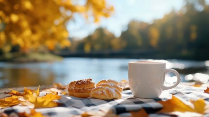 A cozy riverside brunch scene featuring a warm cup of coffee and a pair of delectable pastries on a checkered cloth, surrounded by bright autumn foliage.