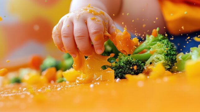 A close-up capture reveals a baby’s hand joyfully grasping vibrant pieces of vegetables, emphasizing a playful, tactile exploration of colors and textures.