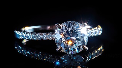 A stunning macro shot of a diamond ring, with light reflecting off its brilliant facets, symbolizing luxury and high value