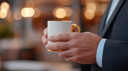 A businessman, in formal attire, holds a white mug with a golden handle, symbolizing subtle elegance and sophistication in a professional setting.