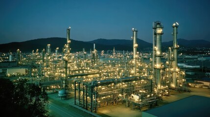 Fototapeta premium Industrial Night Scene with Illuminated Towers and Pipelines