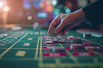 Naklejka premium Hand placing a bet on a roulette table in a casino 
