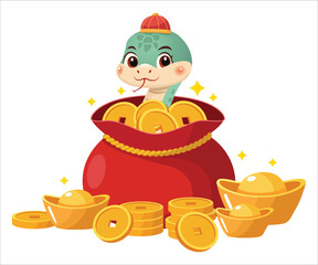 A cute cartoon snake wearing a traditional Chinese hat is peeking out of a red money bag filled with gold coins.