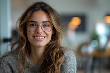 A woman with glasses smiles warmly indoors, styled in casual, cozy fashion.