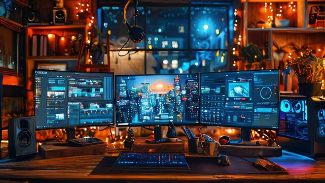 A cozy, ambient gaming setup with a large monitor, speakers, and atmospheric lighting, perfect for online streaming
