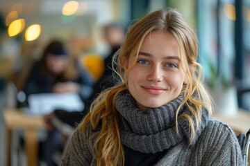 Woman in cozy grey sweater smiles in a caf&eacute; with a blurred background.